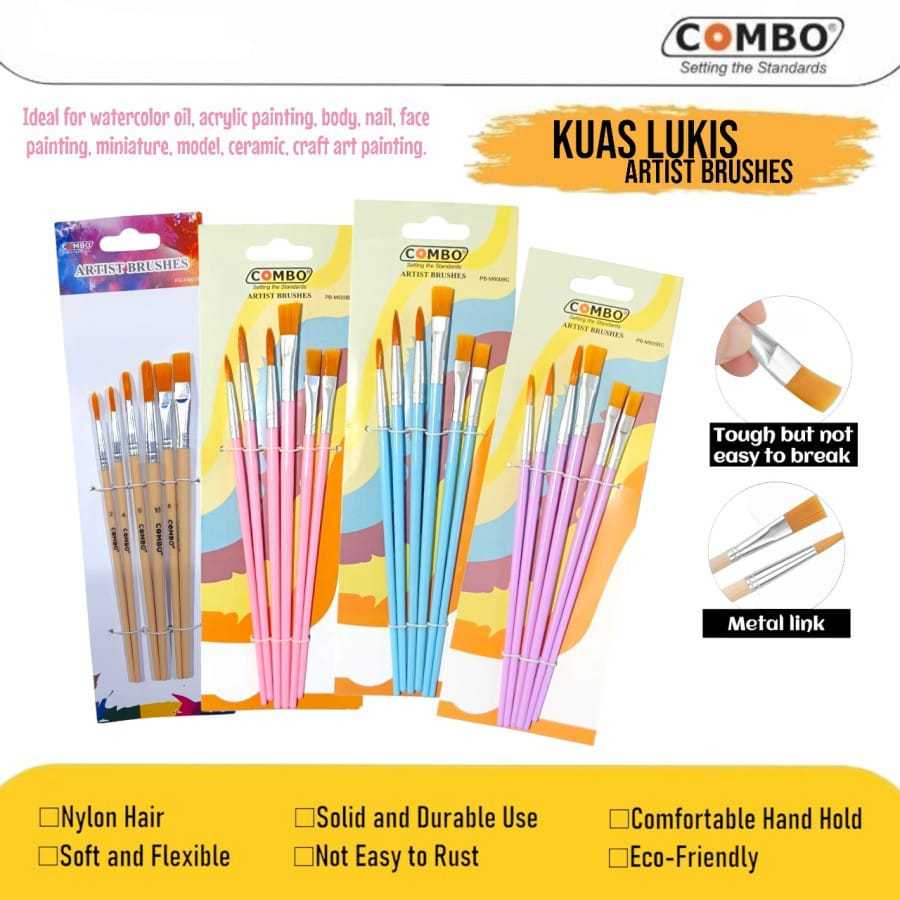 

Kuas Lukis Set / Artist Brushes Set Flat Round / Paint Brush 6 Ukuran Colour
