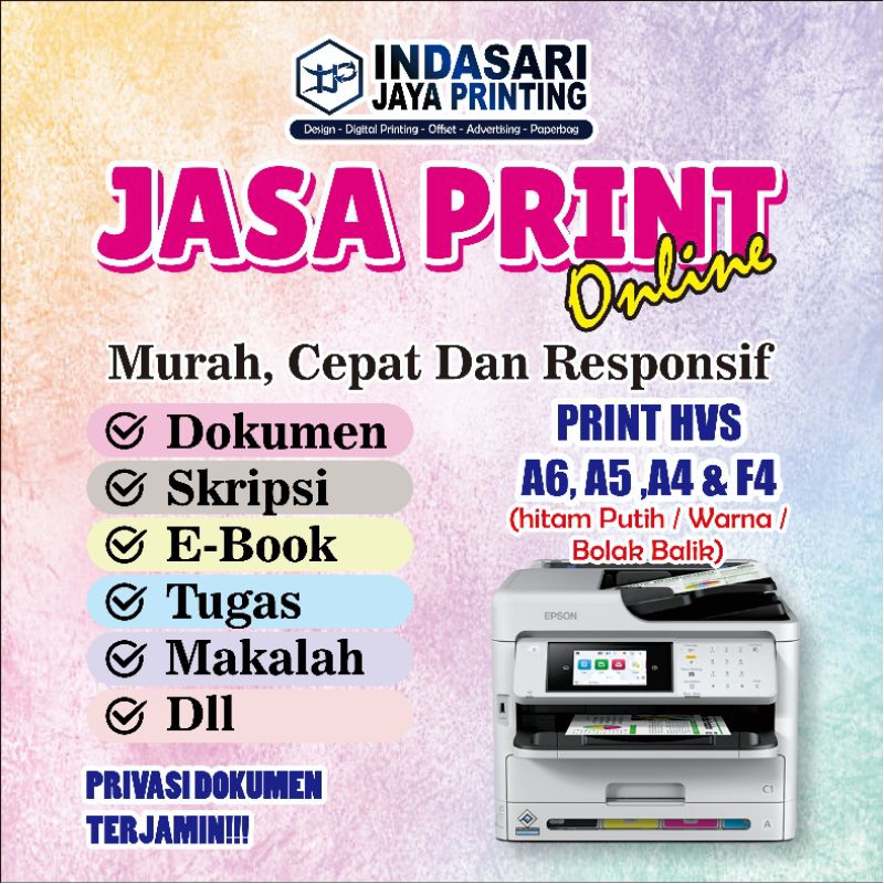 

JASA PRINT / CETAK WARNA CEPAT TERMURAH A5/A4/F4 75/150 gsm, BUKU, BROSUR, MAKALAH, SKRIPSI, DLL