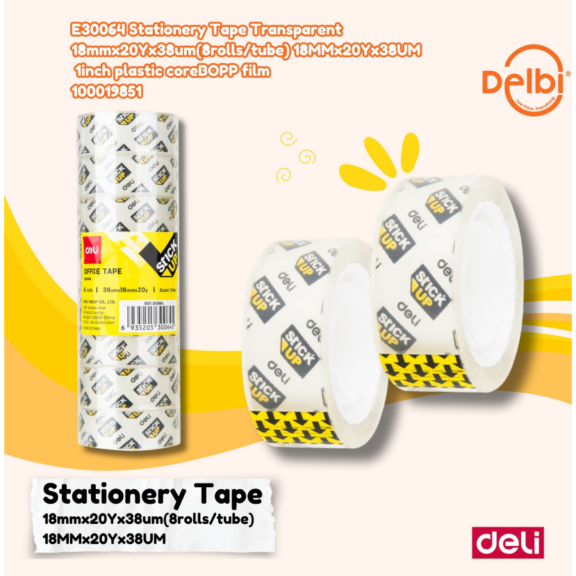 

DELI E30064 Stationery Tape Transparent 18mmx20Yx38um(8rolls/tube) 18MMx20Yx38UM 1inch plastic core BOPP film LAKBAN