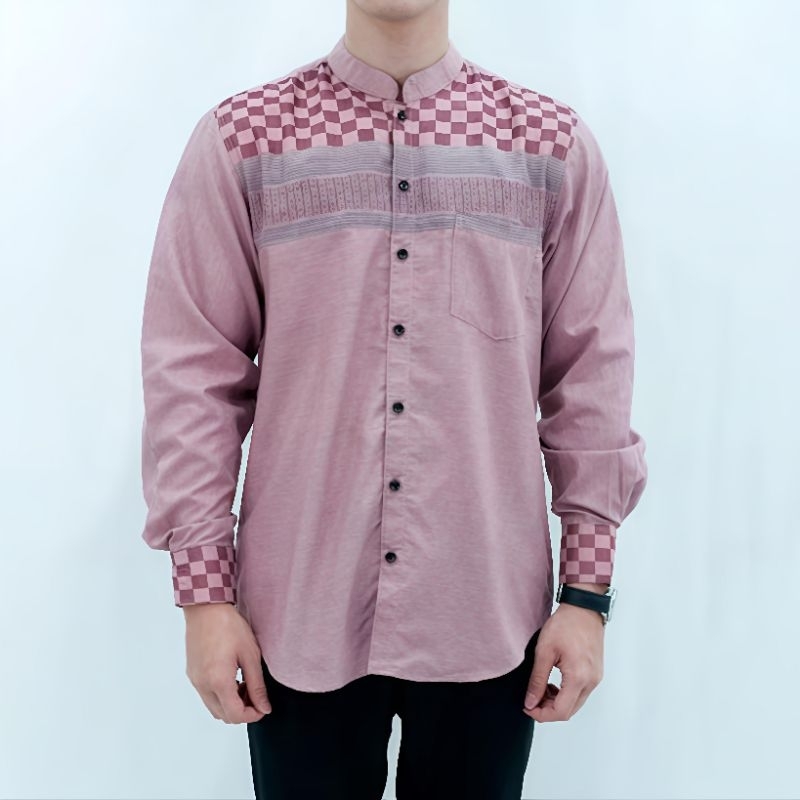 Baju Koko Pria Slimfit Pink Peach / Kemeja Koko Pink Lengan Panjang Ada kantong