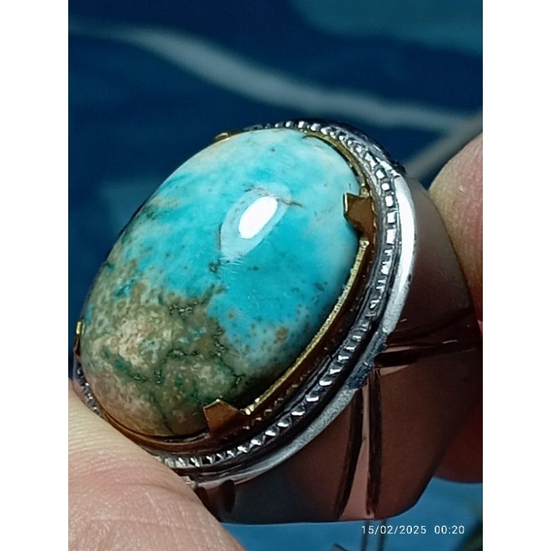 Langka (Rare Item) Cincin Mata Batu Natural Pirus Hubei (Torquise) Motif Pemandangan Antik Bigsize P