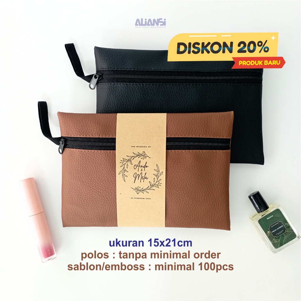 SOUVENIR POUCH DOMPET BAHAN VINYL KULIT SINTETIS BISA CUSTOM NAMA BESAR