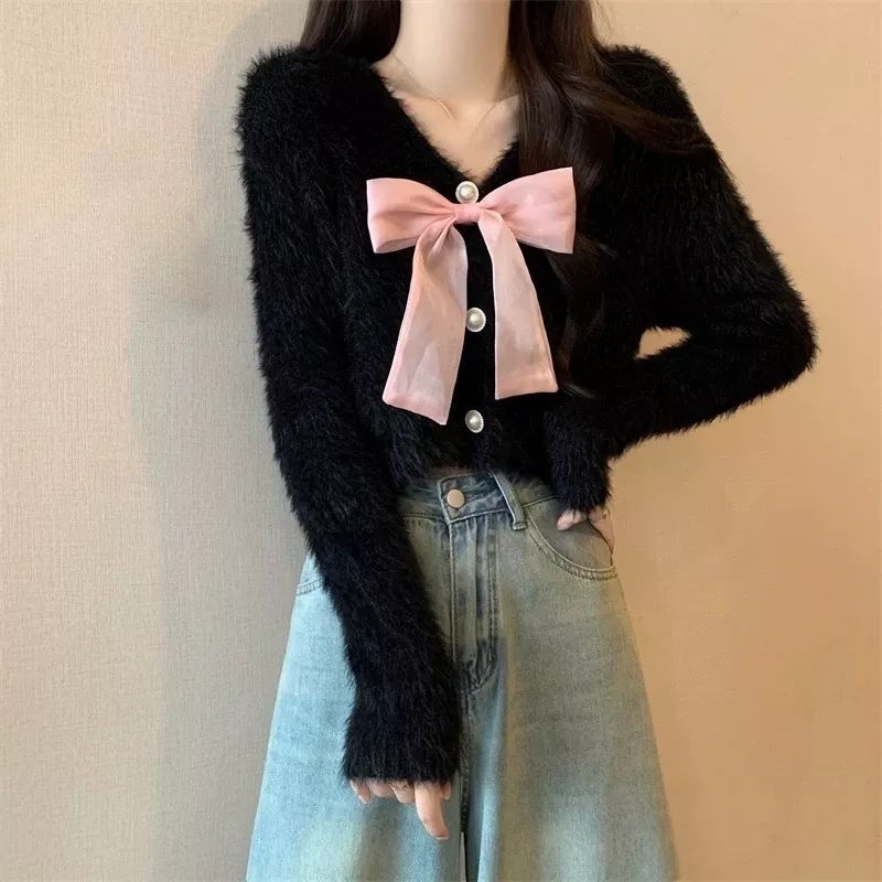 Crop top cardigan  wanita bulu Korea style prenium