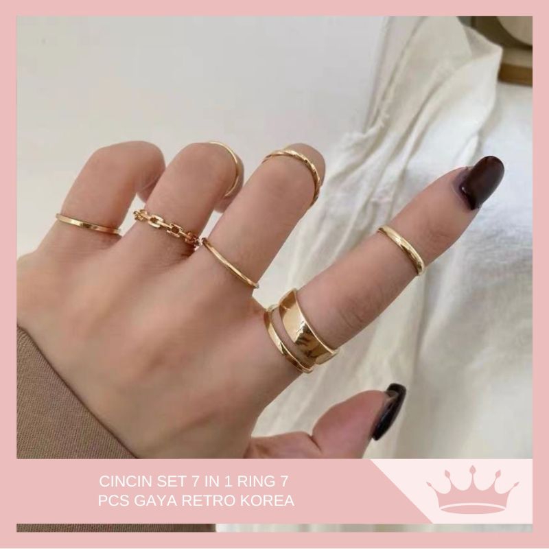 Cincin Model Korea 7 in 1 Set Ring 7Ps / Set Cincin Rantai Model Terbuka Retro Korea Aksesoris Tanga
