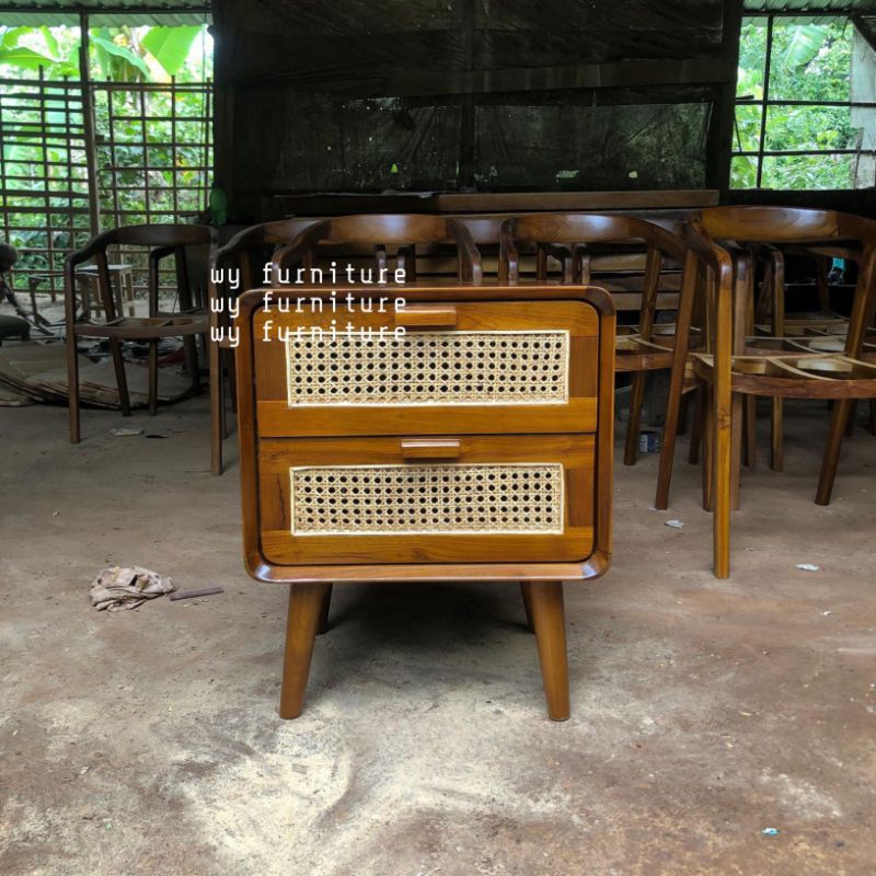 Meja Nakas minimalis kayu jati kombinasi rotan, nakas kayu jati, meja nakas samping tempat tidur