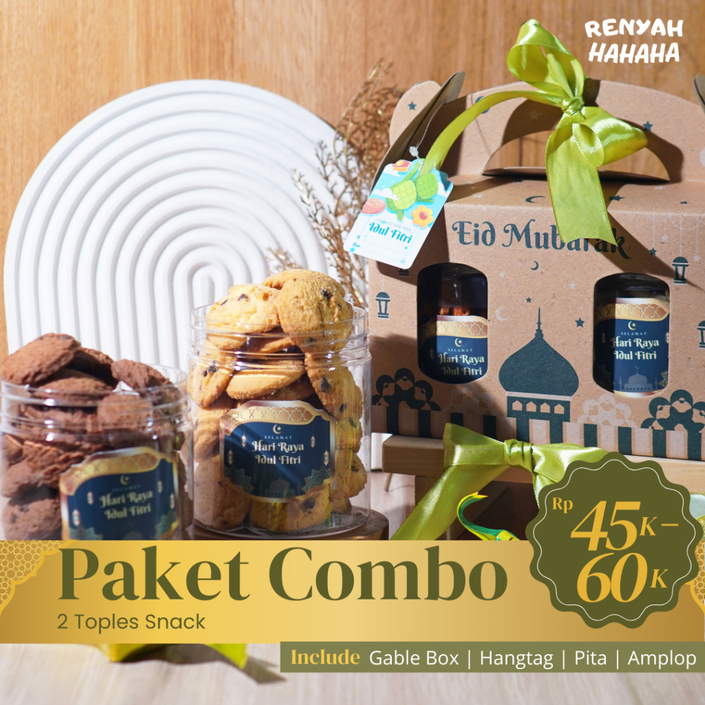 

Hampers Lebaran Idul Fitri / Parcel Lebaran - Combo Isi 2 Toples Kue Kering, Basreng Pedas, Choco chips, butter chips by Renyah Hahaha