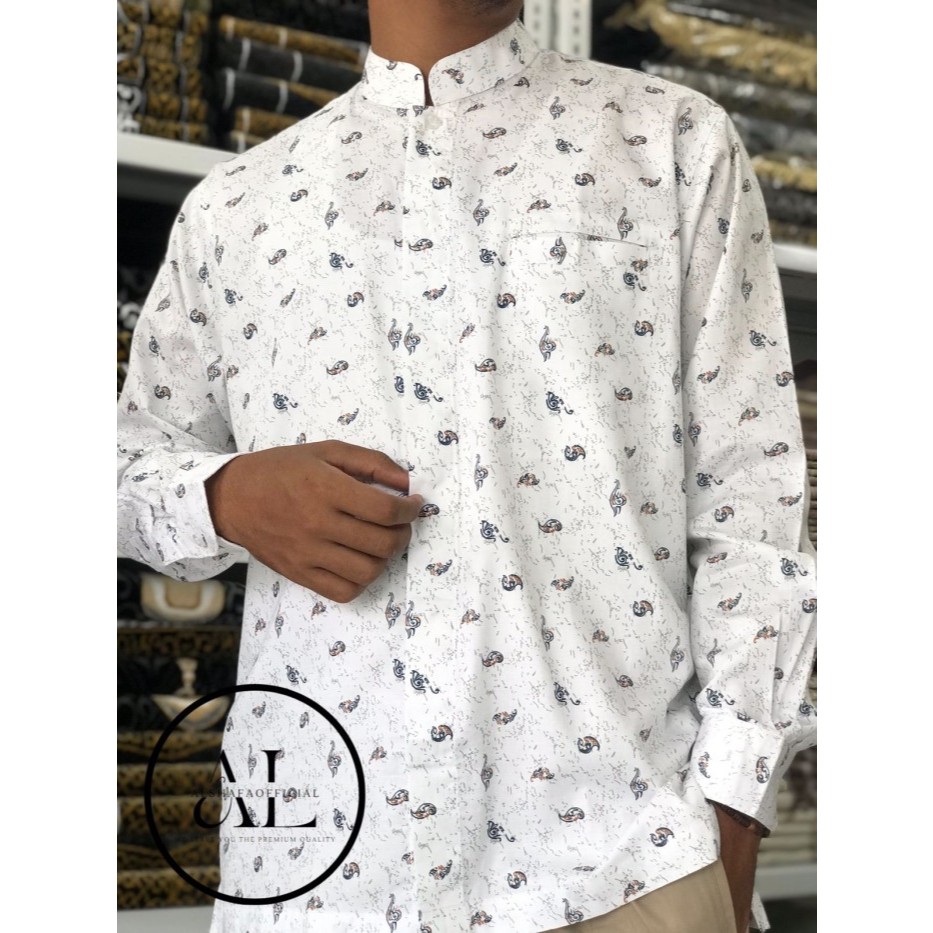 DL Baju Koko DL Warna Putih Motif Bahan Katun Korea/Koko Semi Kemeja