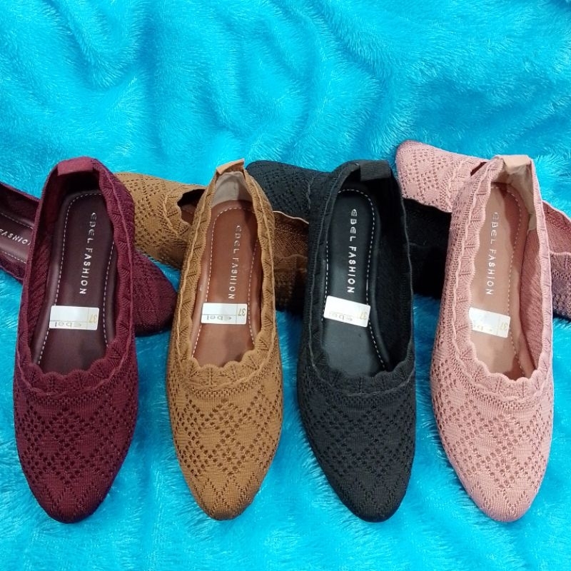 Sepatu Kerja/Sepatu Balet Wanita merk EBEL FASHION/Sepatu Flat Motif Rajut Import dan Elastis