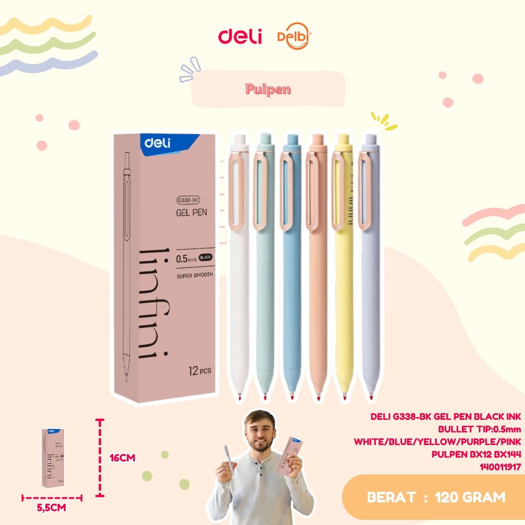 

DELI G338-BK GEL PEN BLACK INK BULLET TIP:0.5mm WHITE/BLUE/YELLOW/PURPLE/PINK PULPEN