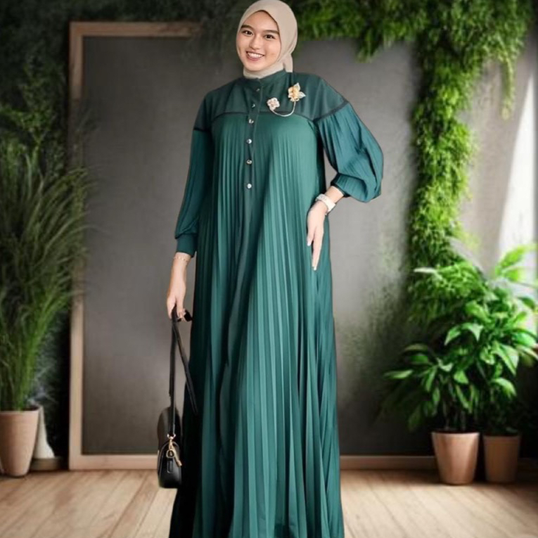 Maksi Dress Leana-78 Gamis Prisket Gaun Plisket Kombi Knit Mango Realpict LD 120 PJ 138 NO Pashmina