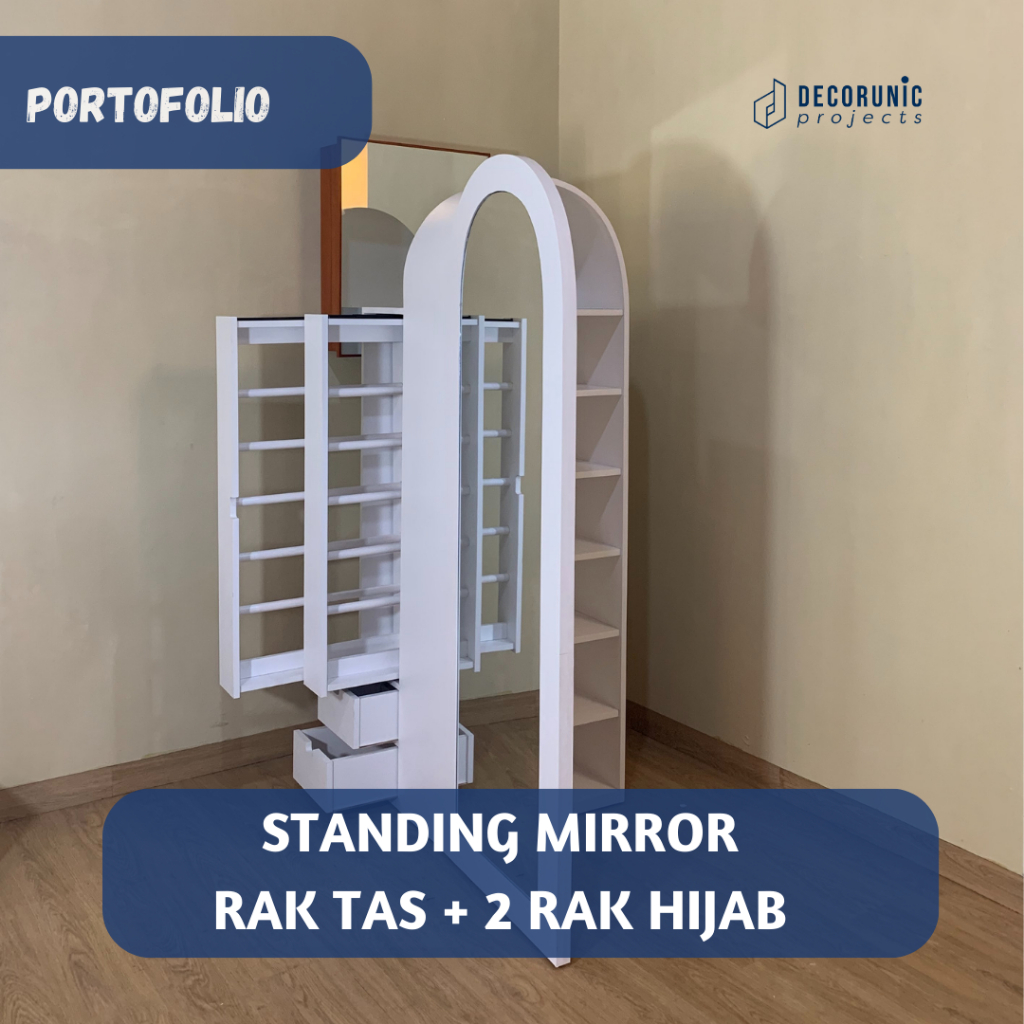 Decorunic Standing Mirror Cermin Oval Full Body dengan Rak Tas dan Hijab - Lemari Cermin Berdiri den