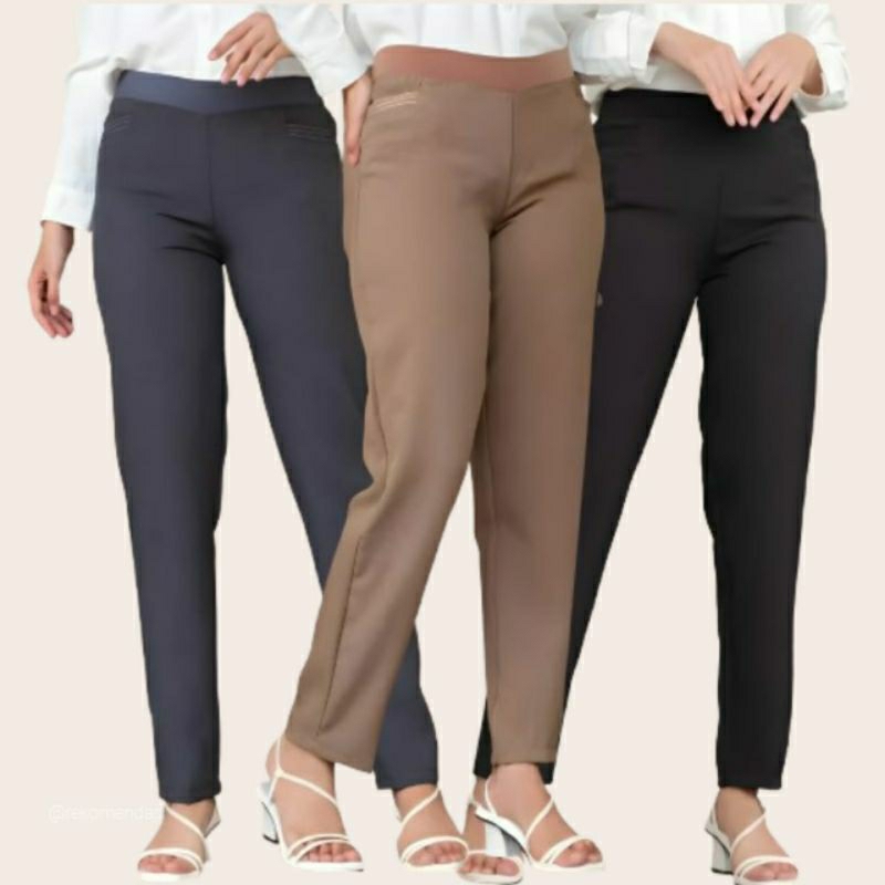 Celana Kerja Wanita Kantor Pinggang Karet Kain Premium Stretch Melar Jumbo