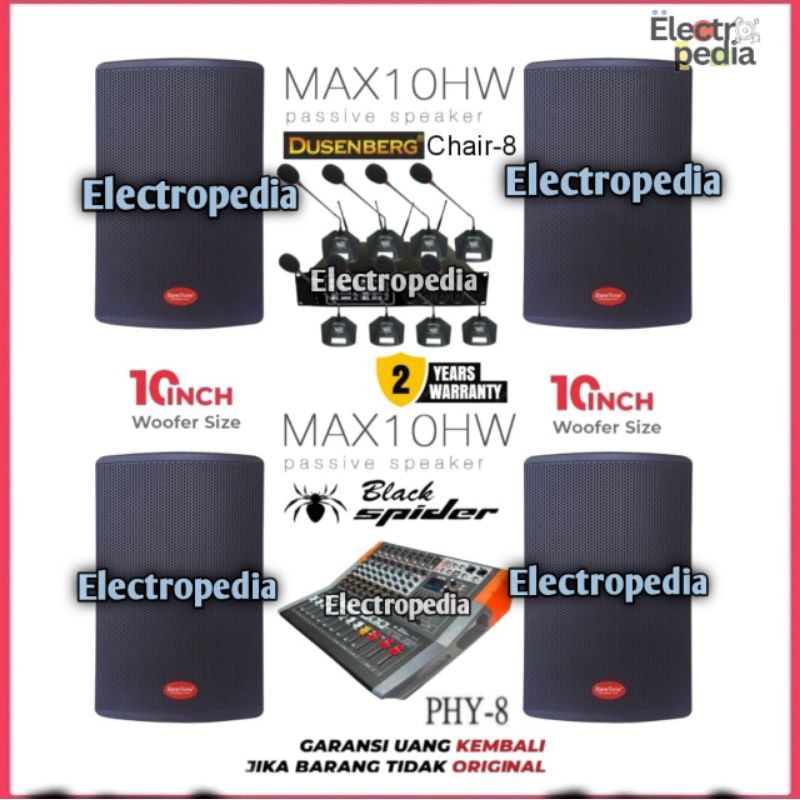 Paket Sound System Speaker Pasif 10Inch Baretone 10HW Mixer Black Spider 8ch Mic Wireless podium Dus
