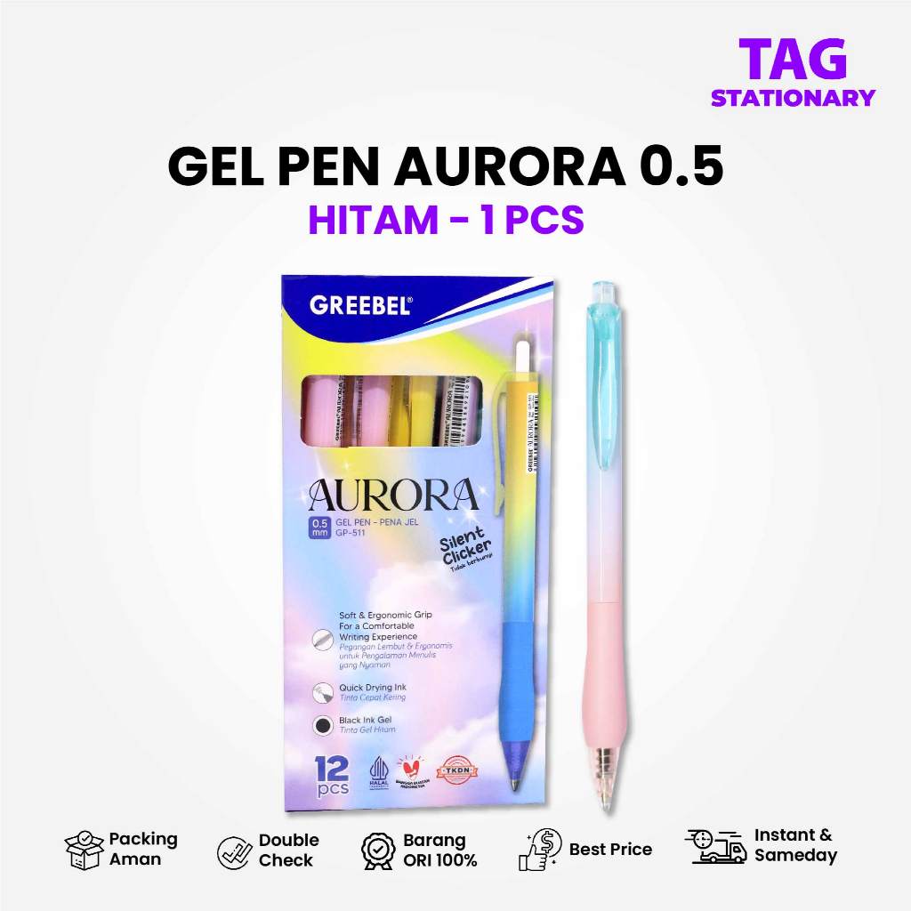 

GREEBEL PULPEN GEL / GEL PEN GP-511 AURORA Hitam 0.5 (1PCS) / Ballpen Gel Ballpoint Bolpen Gel