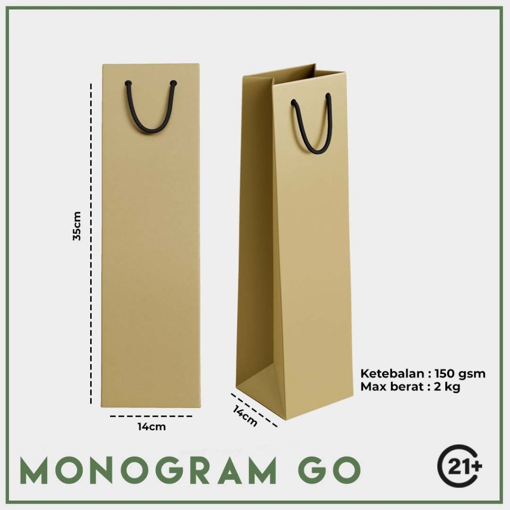

PAPER BAG Botol Wine (Uk. T : 35cm, L depan : 14cm, L samping : 13,5cm)