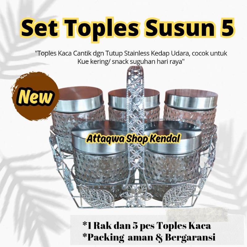 Toples kaca set 5 Toples rak stainless set 5 Toples Lebaran