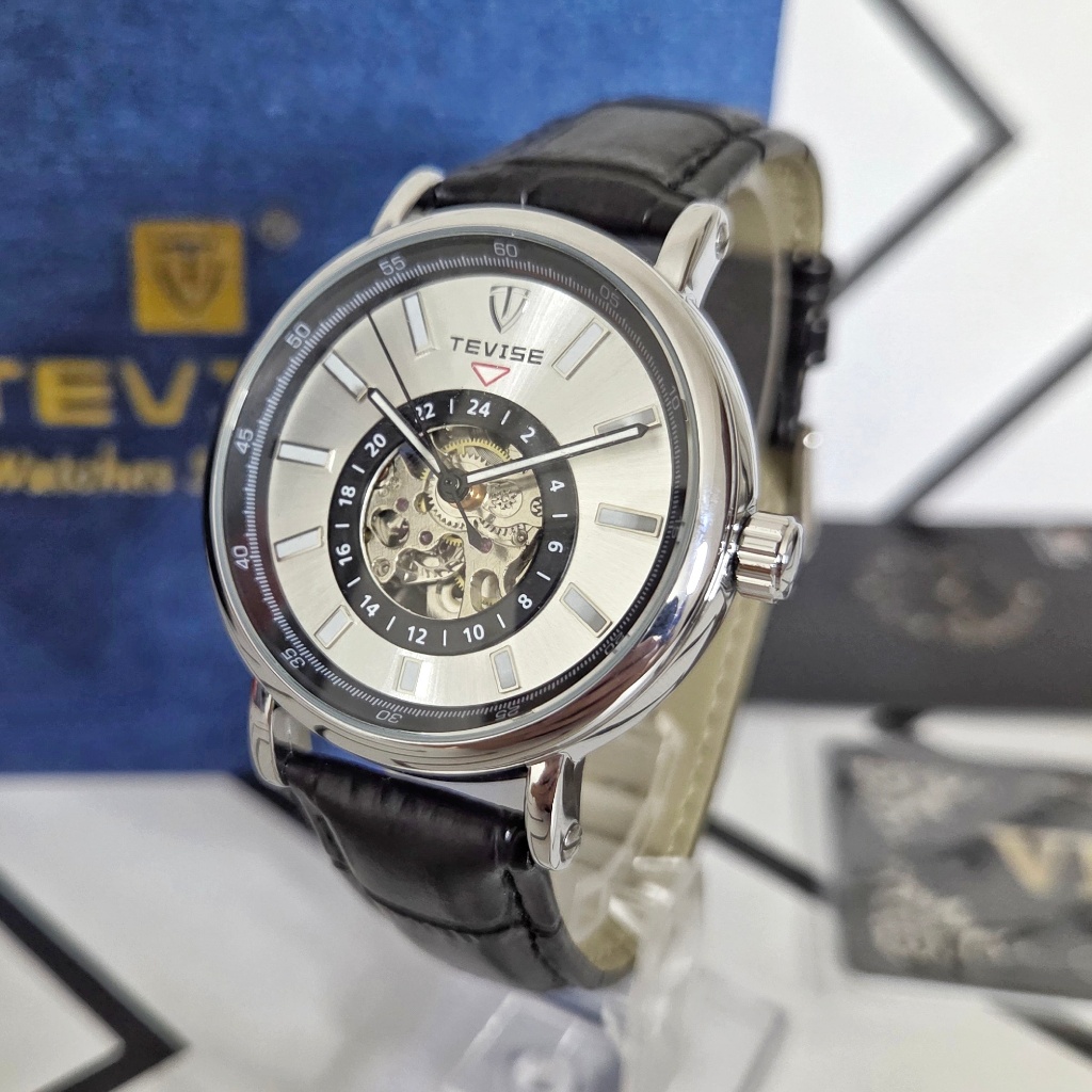 TEVISE Void Jam Tangan Pria Original Automatic Mekanik Skeleton Kulit Leather Silver Anti Air