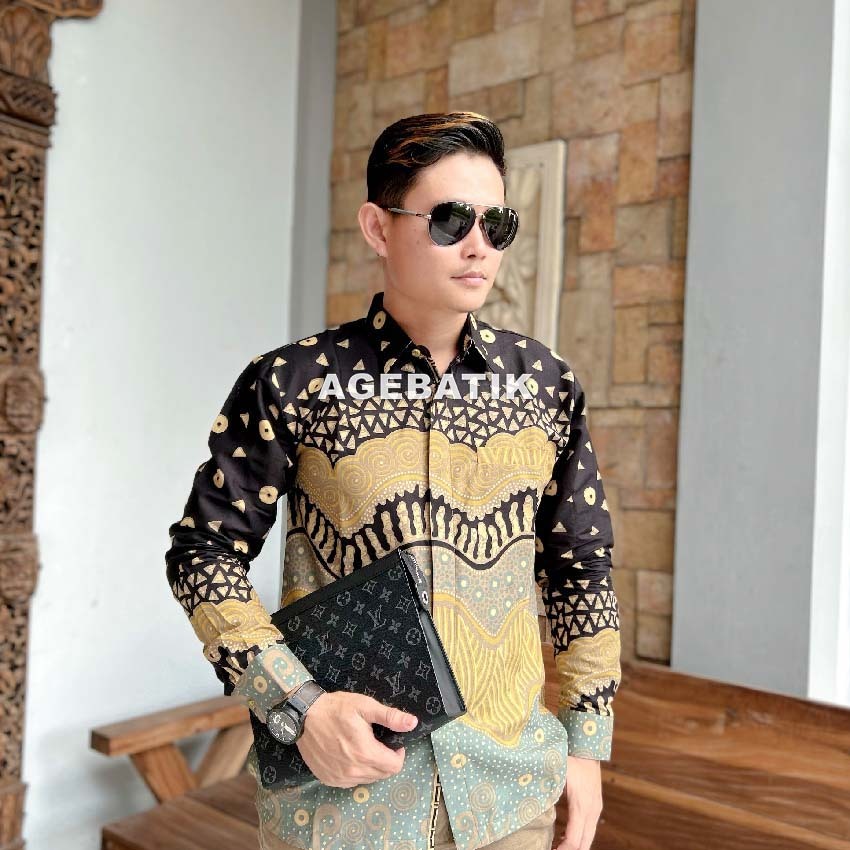 AGEBATIK AGE002 – Kemeja Batik Pria Lengan Panjang Pendek – Slim Fit – Motif Ombak – Katun Premium