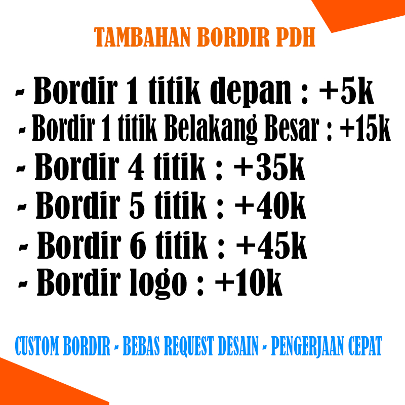 Tambahan Bordir PDH tactical PDH standard bebas custom logo