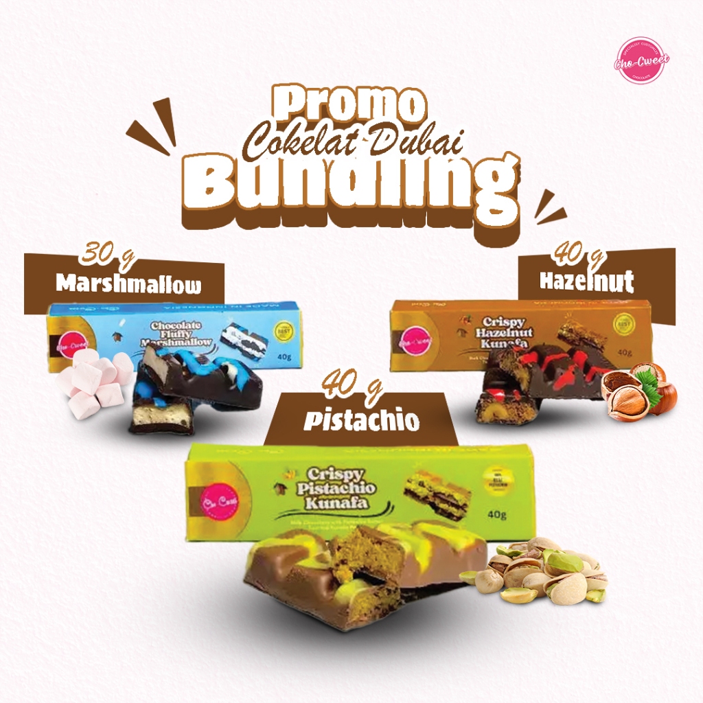 

CHO-CWEET COKELAT DUBAI VIRAL PROMO BUNDLING 1 BITE PISTACHIO 40g & 1 BITE HAZELNUT 40g & 1 BITE MARSHMALLOW 30g
