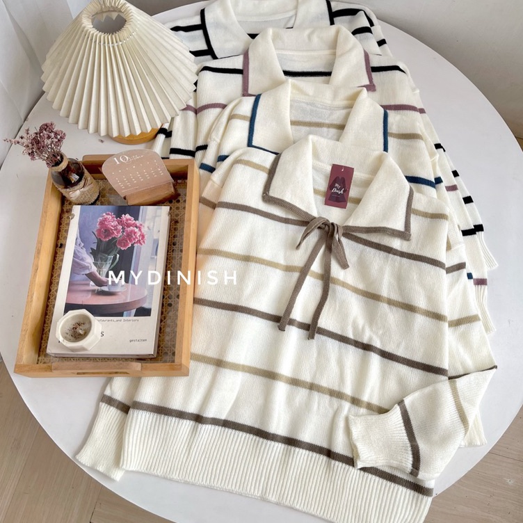 KODE B65P Hesty Polo Blouse  Atasan Blouse Rajut Wanita Motif Garis Korean Style