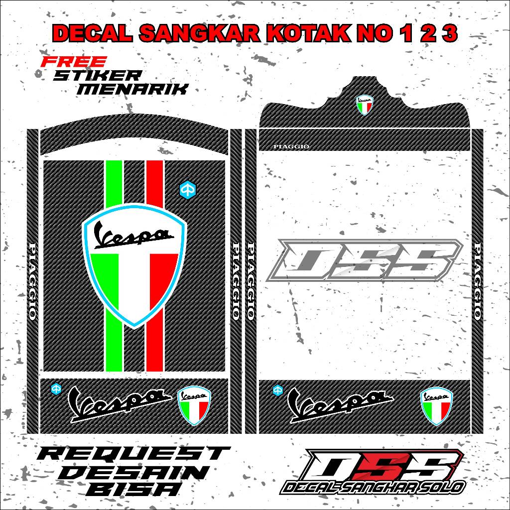 DECAL SANGKAR BURUNG KOTAK MOTIF VESPA CARBON NO 1 2 3