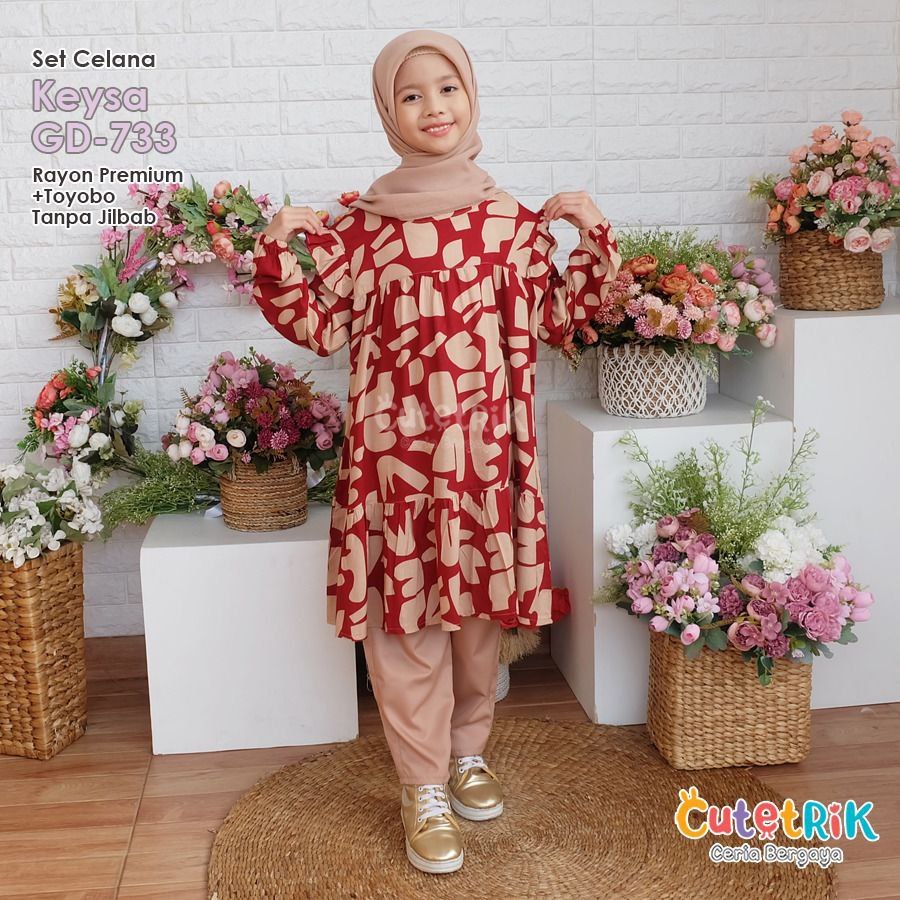 Setelan Celana Tunik Muslim Anak Perempuan 5 - 9 tahun Remaja Set Celana Long Tunik KEYSA