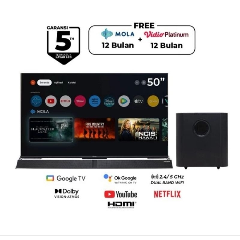 TV LED POLYTRON 50 INCH 50BUG 4K UHD SMART CINEMAX SOUNDBAR GOOGLE TV