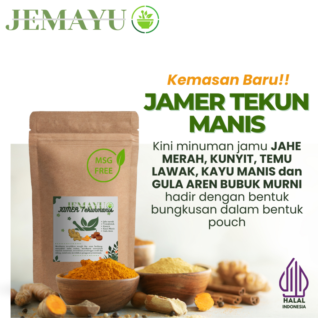 

JAMER TEKUN MANIS Kunyit Temulawak Jahe Merah Kayu Manis Gula Aren Bubuk Murni Jamu Herbal JEMAYU