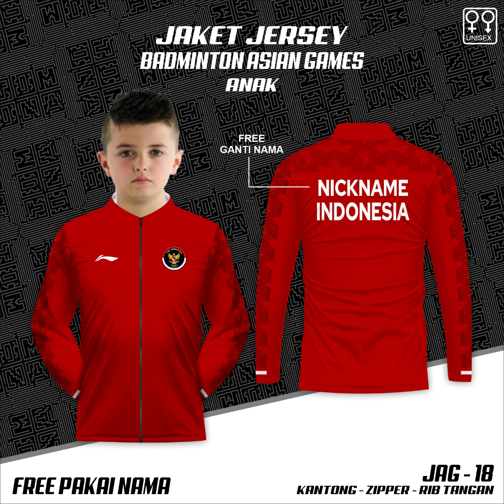 Jaket zipper jersey badminton indonesia kaos anak baju bulutangkis asian games terbaru