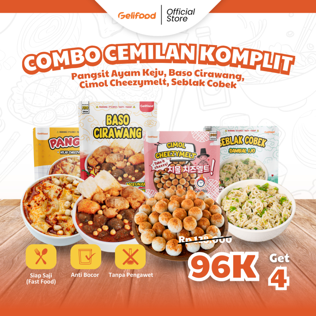 

Gelifood - 4pcs Combo Cemilan Komplit Kuah Berapi (Pangsit Ayam, Cirawang, Seblak Cobek, Cirawang)