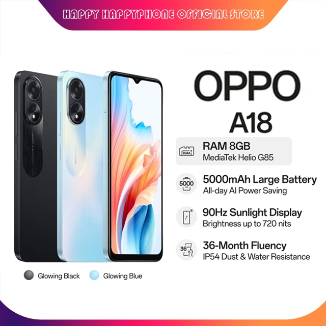 HP OPPO A18 Ram 8/256GB Smartphone LET 6.56 inch Dual SIM 50MP+8MP Handphone