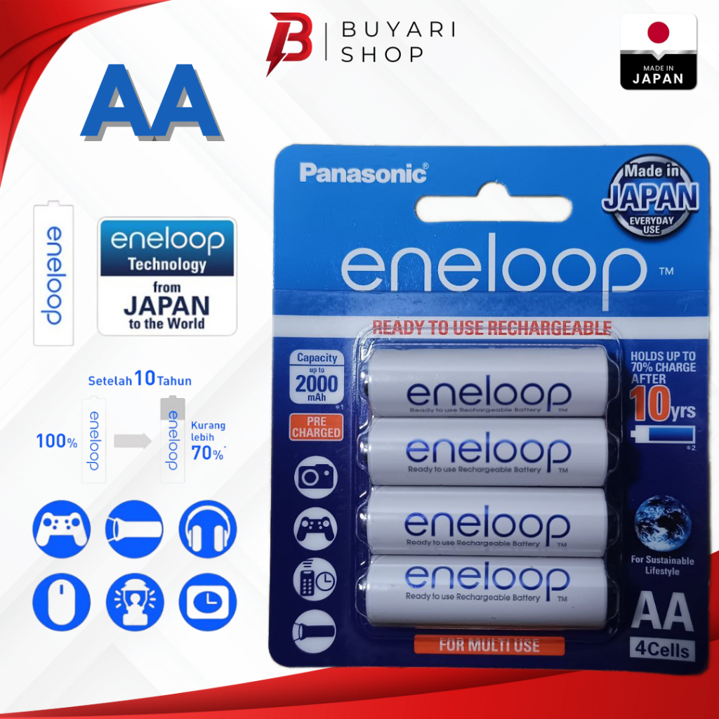 ORIGINAL100% Panasonic Eneloop AA A2 Isi 4 PCS Batre AA Rechargeable Eneloop PUTIH 1.2V Isi 2 JAPAN