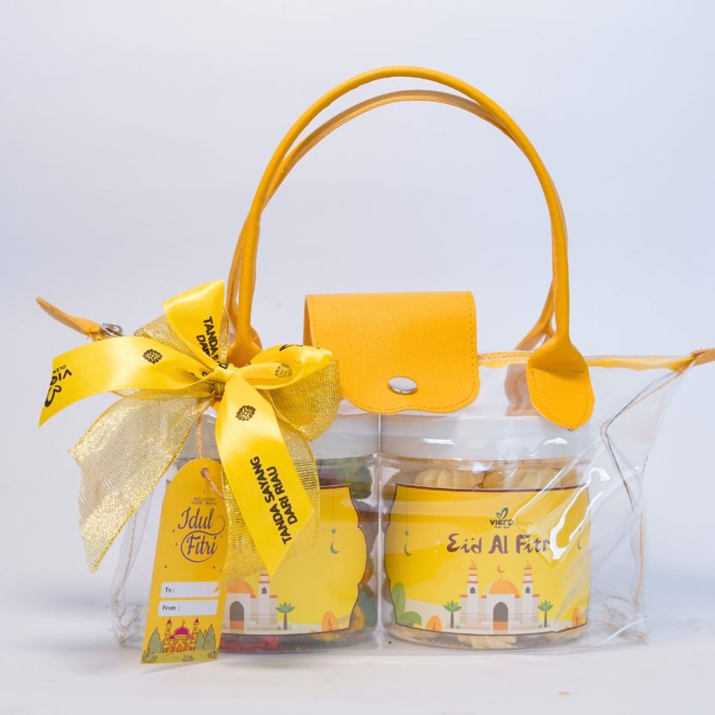 

Hampers tas Kuning bening isi nastar rainbow dan sagu vanili