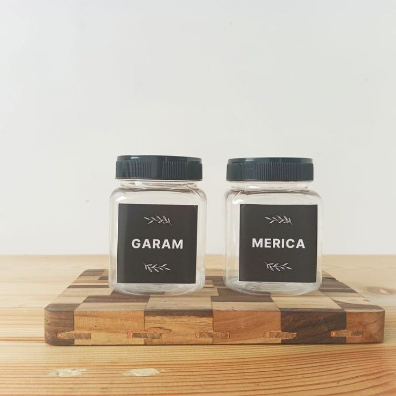 Toples Bumbu Dapur Bulat 200ml Label Stiker Vinyl Hitam Tutup Hitam Aesthetic