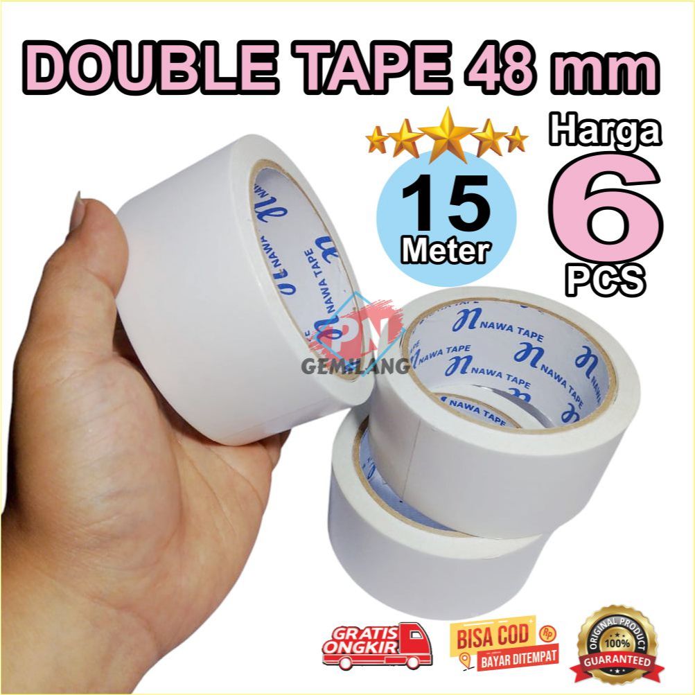 

double tape KERTAS 2 INCH lebar 48mm panjang 15 meter real, super kuat & lengket harga untuk 6 pcs