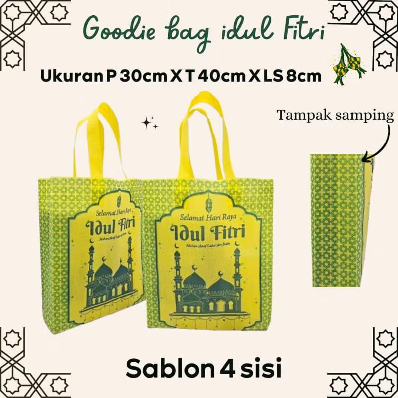 

Goodie bag lebaran ukuran 38 cm goodiebag souvenir hampers selamat idul fitri tas kain spoundbond spunbond ramadan kareem ramadhan hijau kuning sablon gift hadiah handle hantaran sablon box bag printing bulan bintang masjid hangtag kartu ucapan hang tag
