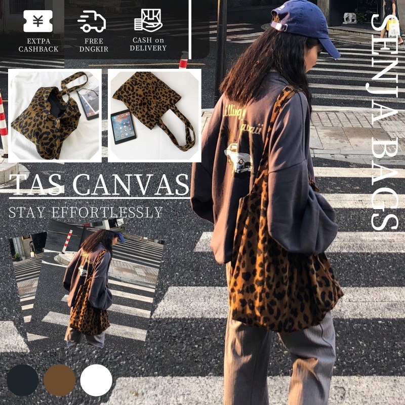 Tas kanvas cetak macan tutul, tas kain satu-bahu wanita all-match chic, tas tangan ins, corduroy, ta