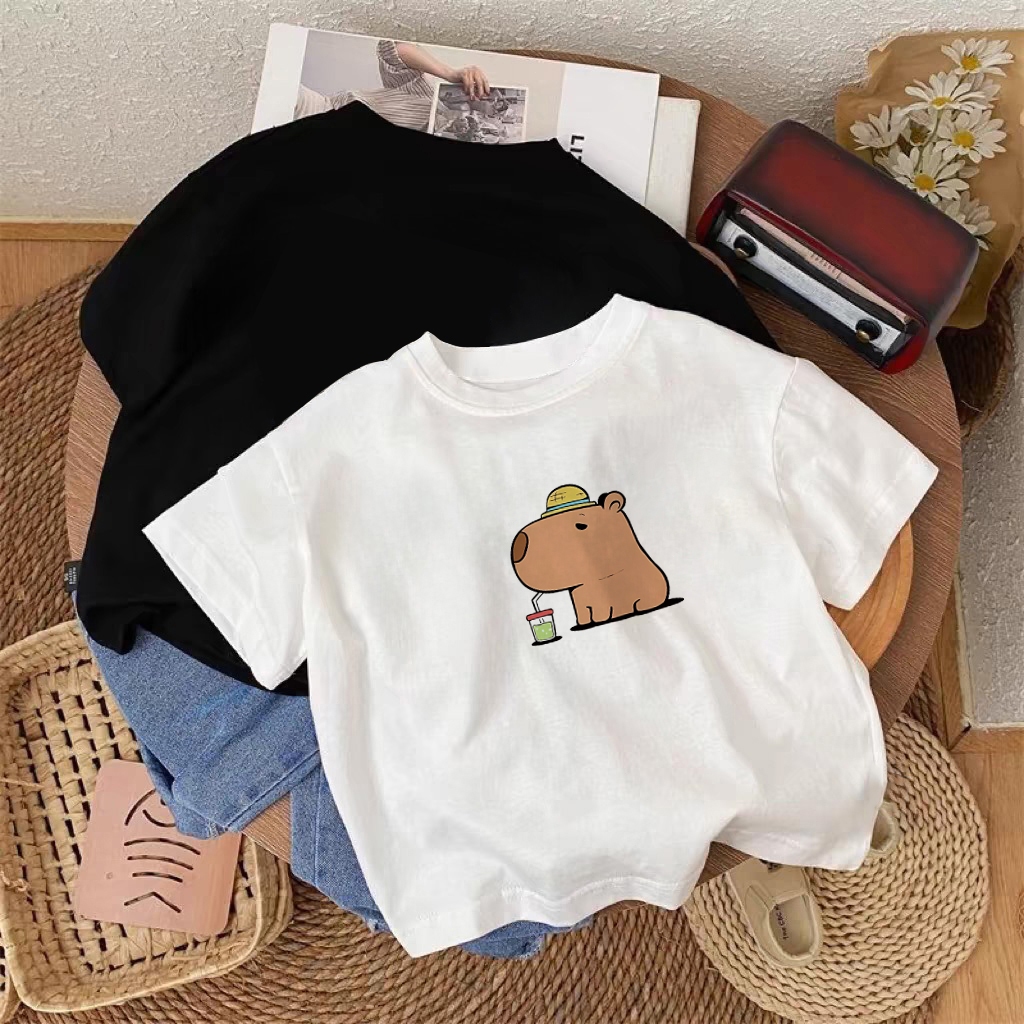 korea style Putih cocobaby t shirt cotton  Kaos Atasan Anak laki-laki Perempuan | Kapibara minum sod