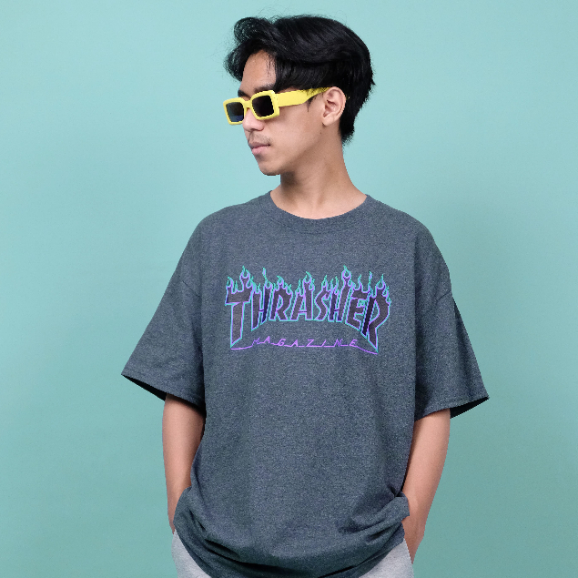 Thrasher Flame Heather Grey Tee 100% Original