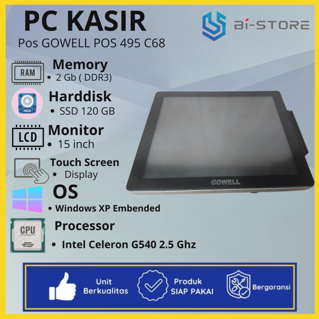 PC Kasir Pos GOWELL POS 495 C68 Monitor Touch Screen Harddisk SSD 120