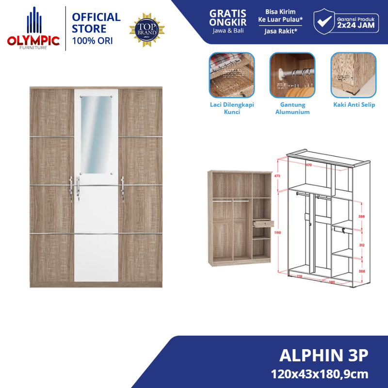 Olympic Lemari Kayu Tiga Pintu / Lemari Pakaian Tiga Pintu / ALPHIN 3P
