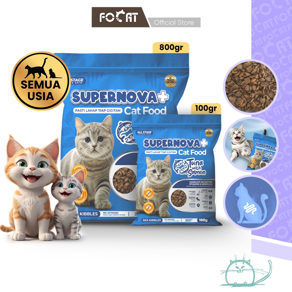 [100% ASLI LOKAL] FOCAT Supernova Makanan Kucing Kering Salmon & Tuna 800GR N47 Cat Dry Food Semua Usia NO PORK