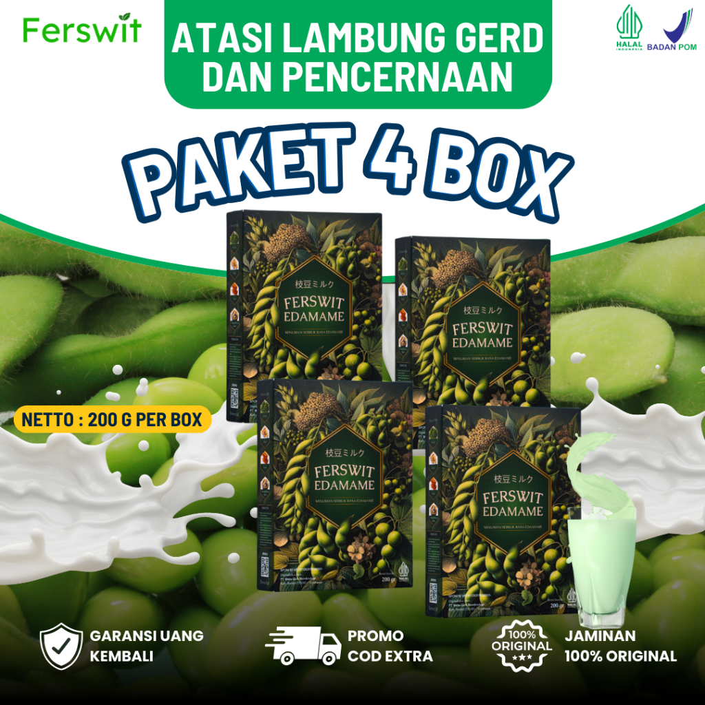 

4 BOX TERLARIS FERSWIT EDAMAME 100℅ ORIGINAL SUSU EDAMAME JEPANG ASLI MENGATASI ASAM LAMBUNG,GERD,PENCERNAAN 200MG, SUPLEMEN KESEHATAN