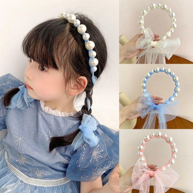 bando mutiara dengan pita / bando mutia pita tulle panjang / bando mutiara kepang