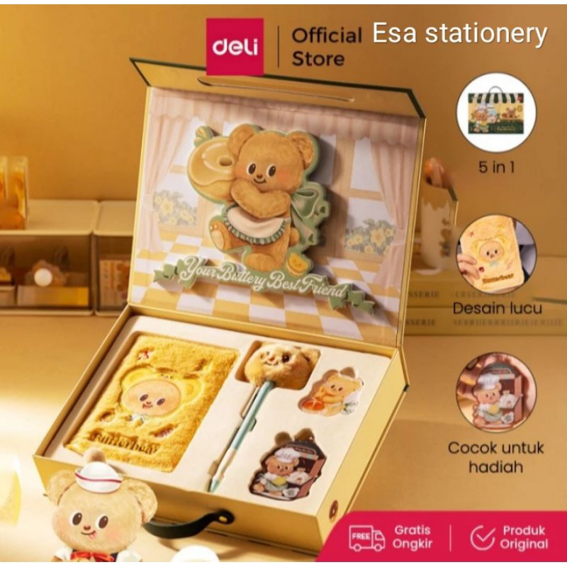 

Deli x Butterbear Set Hadiah 5in1 / Gift Box Isi Notebook, Gel Pen, Gantungan, Magnet Kulkas, Stiker HY072
