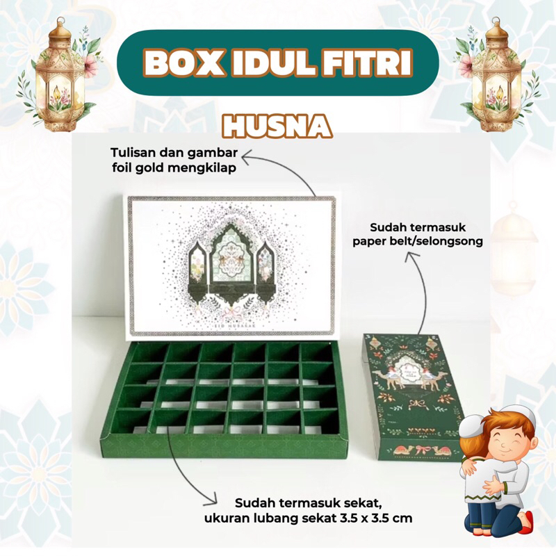 

HUSNA | Box Hampers Idul Fitri Sekat Nastar Kue Single Bite Kotak Gift Packaging Kue Kering Lebaran Eid Mubarak