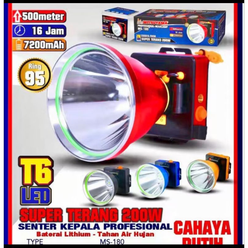 mitsuyama ms-180p senter kepala jumbo 200watt cahaya putih