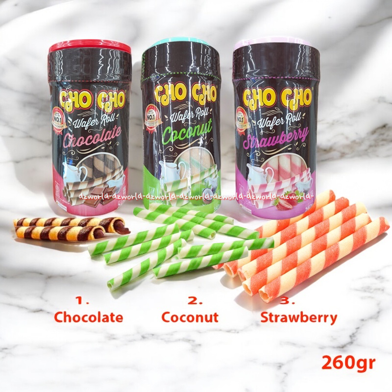 

Cho Cho 260gr Wafer Roll Coconut Stick Wafer Stik Rasa Kelapa Hijau Chocolate Strawberry Kemasan Toples