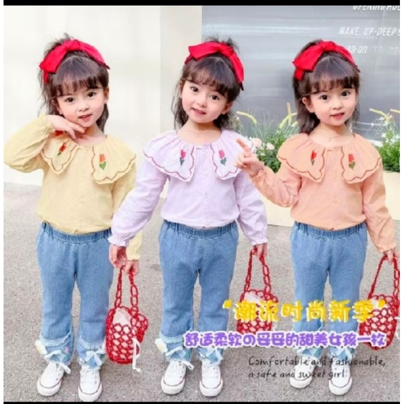 setelan kemeja celana jens anak perempuan import usia 2-5 tahun